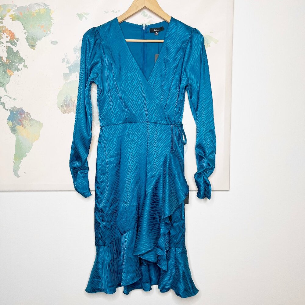 Lulus Dress Flair For Drama Teal Blue Satin‎ Jacquard Faux Wrap Midi Size Medium